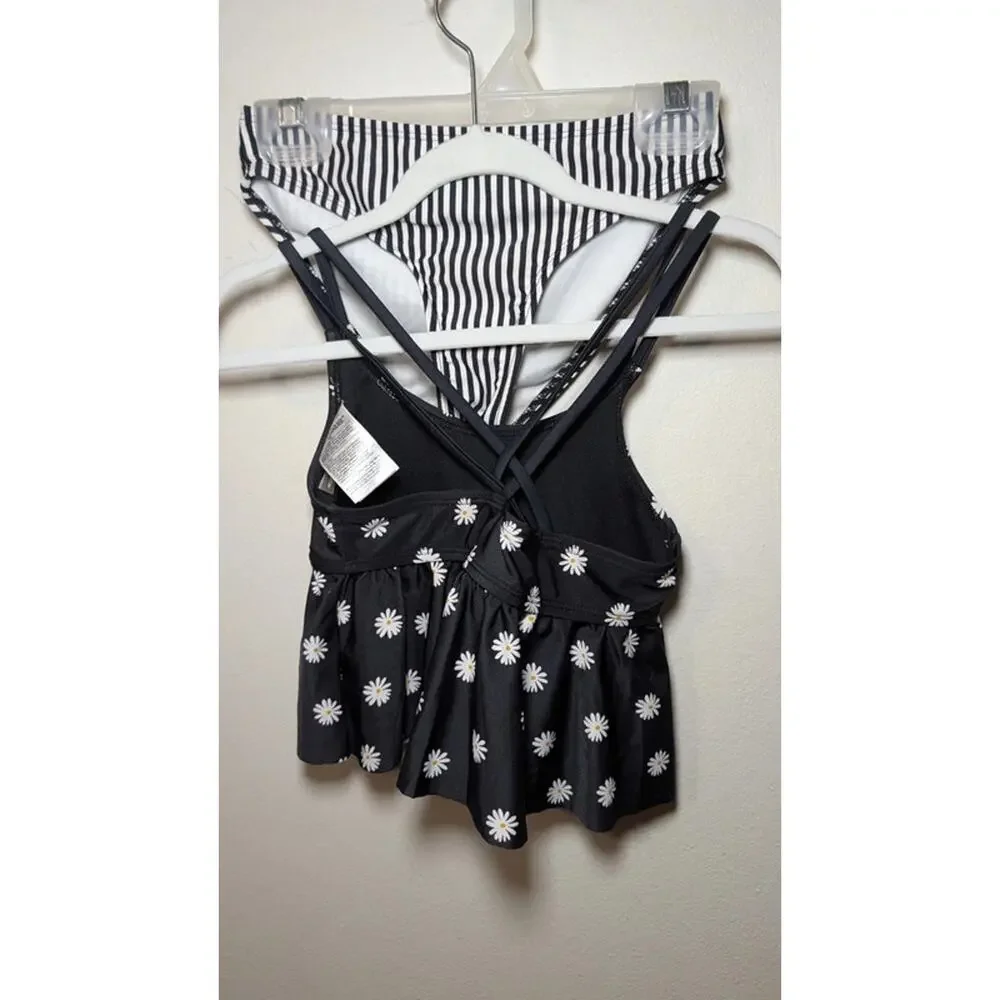Old Navy Tankini Black White Daisy Stripes Girls Size S 6-7